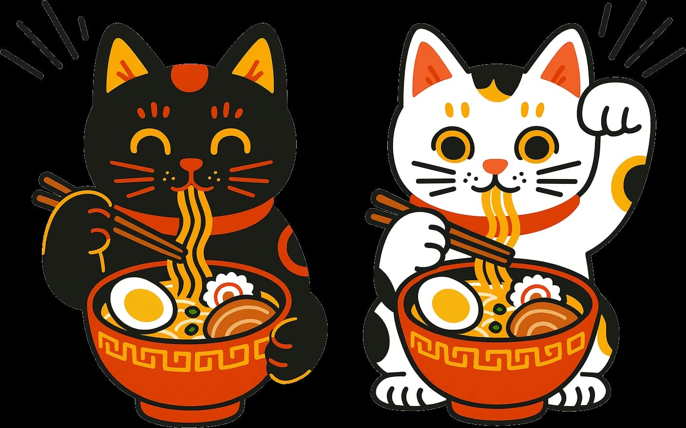 ラーメンをすする2匹の福猫のイラスト